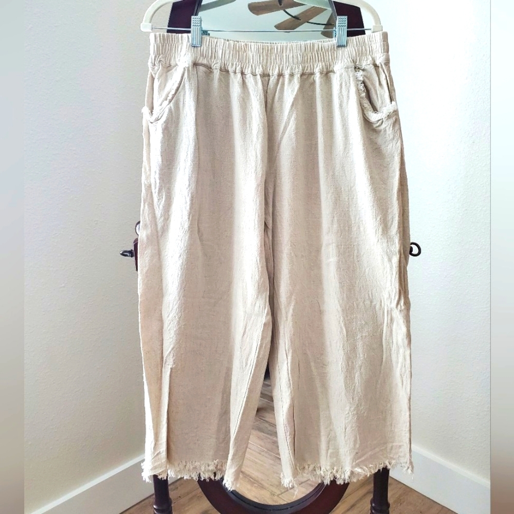 Umgee Wide Leg Linen Blend Frayed Pants - Picture 4 of 7